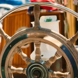 Primer plano del timón de rueda de madera de un velero con radios torneados y buje de latón