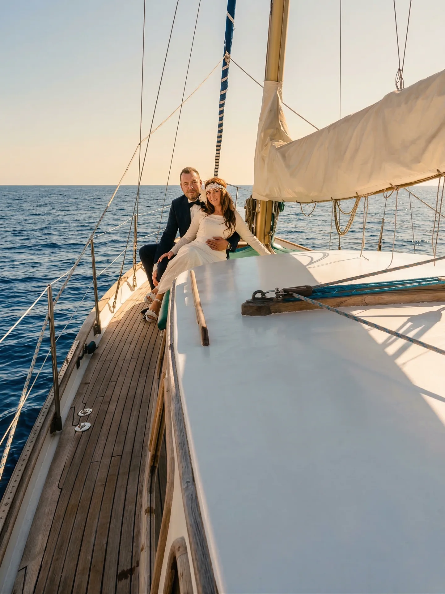 Pareja elegante apoyada en la borda de un velero clásico al atardecer frente a Benalmádena
