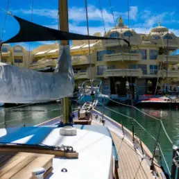 View from a yacht's bow towards Puerto Marina Benalmádena and its yellow building under blue sky