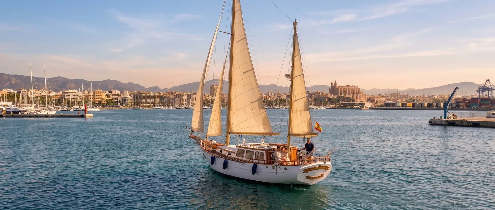Voilier classique naviguant à la voile à l'heure dorée face à la côte de Benalmádena